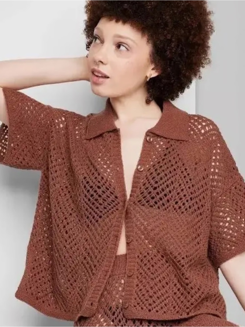 NWT Wild Fable Brown Crochet Knit Button Front Collared Top Size M